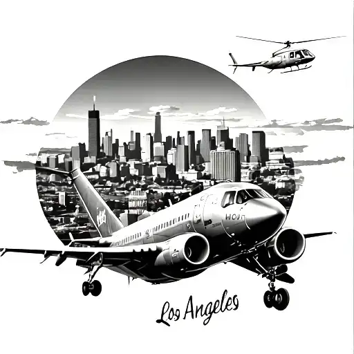 The city of Los Angeles with the Hollywood sign and lapd helicopter flying around with a 787 flying by tattoo design idea