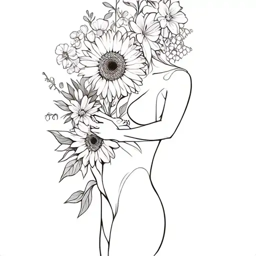 womans body hugging the flowers which has: sunflower, carnation, buttercup, lily of the valley, gerbera, chrysanthemum tattoo design idea