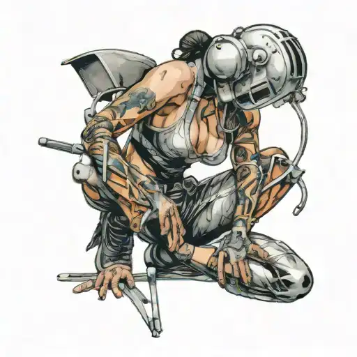 sexy female body with welder mask on, she's barely wearing anything, and she's bent over on her knees welding  tattoo design idea