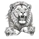 male lion roaring with 3 lion cubs face only tattoo design idea