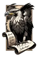 "Sarah Lachlan harper" hawk holding an open scroll with names incorporated tattoo design idea