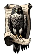 "Sarah Lachlan harper" hawk holding an open scroll with names incorporated tattoo design idea