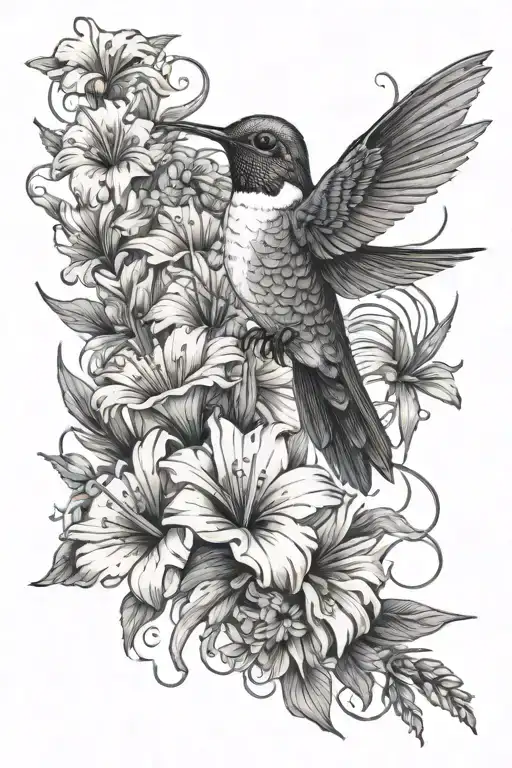 hummingbird with daisy and gladiolus flowers tattoo design idea