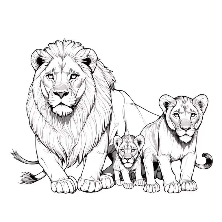male and female lions and 2 cubs  tattoo design idea