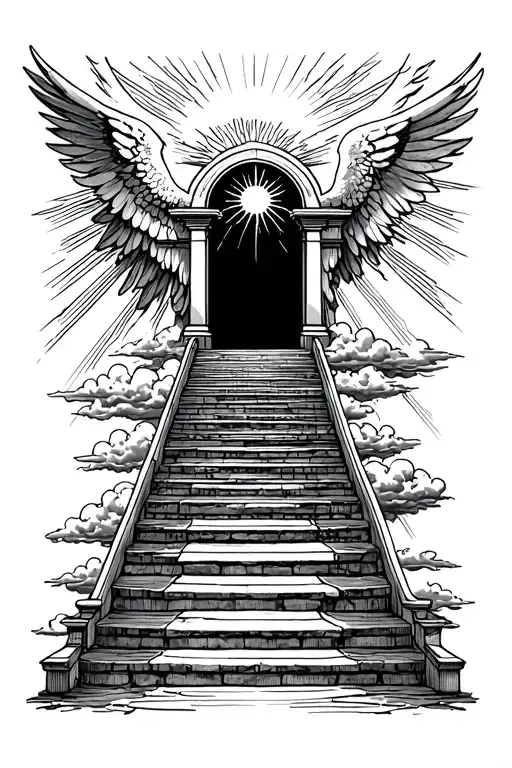 stairway to heaven walking up stairs angels sun rays clouds heaven gate at the top of the stairs  tattoo design idea