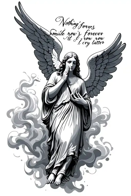 angel with praying hands  clock that says nothing's forever smile now I'll cry later dove smoke tattoo design idea