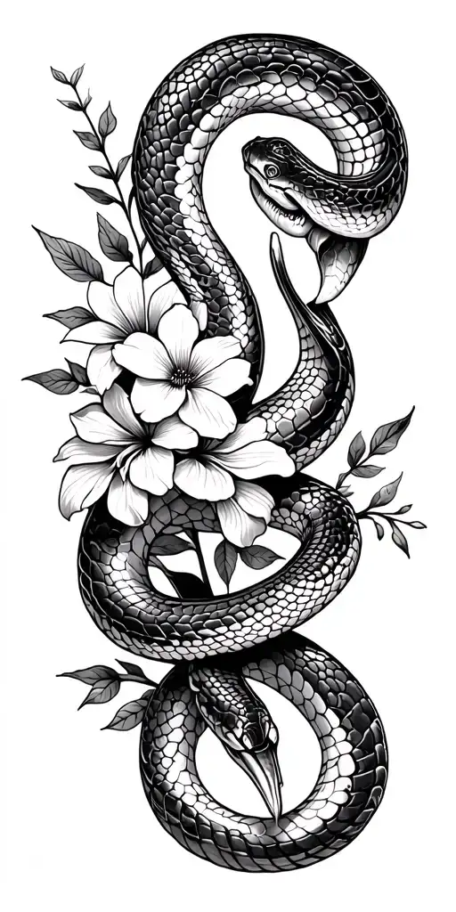 Snake wrapped around arm staring from wrist wrapping up to shoulder. Flowers around tattoo design idea
