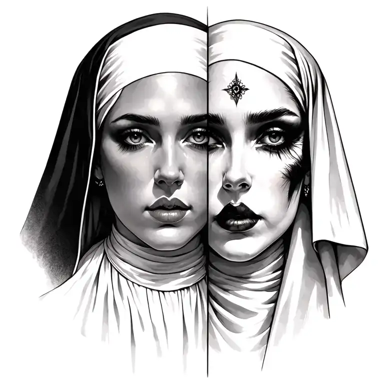 beautiful nun face and lusty sinful face together tattoo design idea