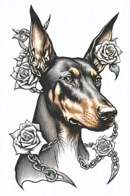 Doberman head with flowers and chains surrounded by thorns tattoo design idea