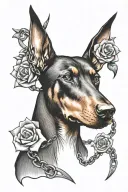 Doberman head with flowers and chains surrounded by thorns tattoo design idea