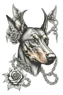 Doberman head with flowers and chains surrounded by thorns tattoo design idea