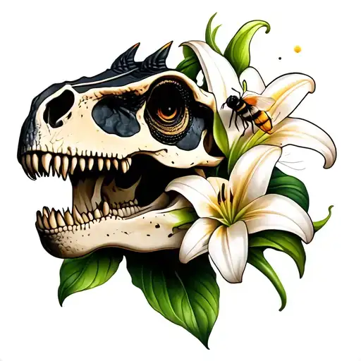 dinosaur skull with lily flower with a bee on a petal tattoo design idea