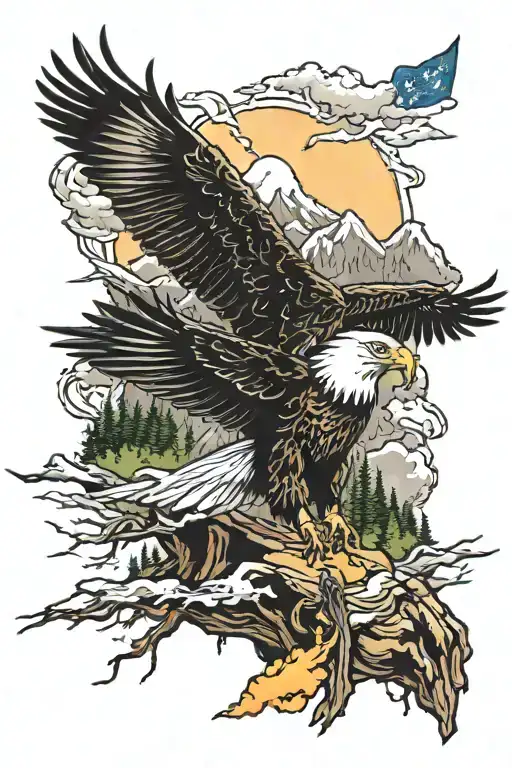 lower arm sleeve color tattoo with smoky mountains nature scene, eagles, American flag, and lightning tattoo design idea