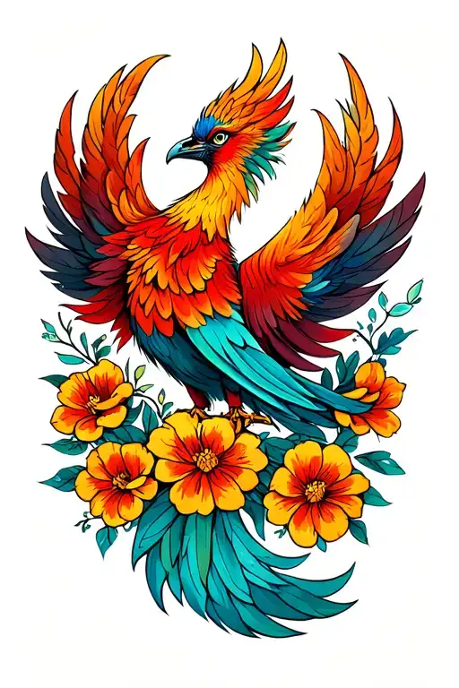phoenix with tail feathers and flowers tattoo design idea