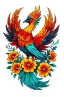 phoenix with tail feathers and flowers tattoo design idea