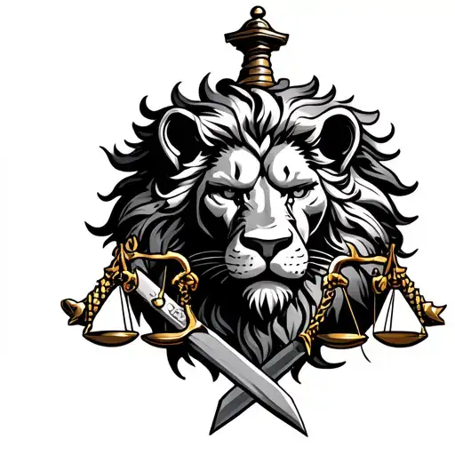 lion head crossed swords and scales of justice tattoo design idea