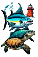 Underwater scene includint Barnegat lighthouse, hammer head, yellowfin tuna, sea turtle, two maritime watches  tattoo design idea