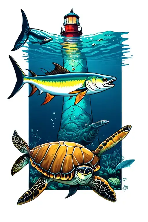 Underwater scene includint Barnegat lighthouse, hammer head, yellowfin tuna, sea turtle, two maritime watches  tattoo design idea