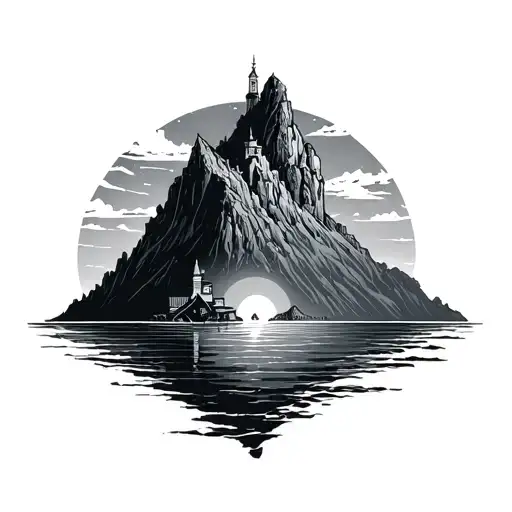 Sea sunset on the monastery mountain peak tattoo design idea