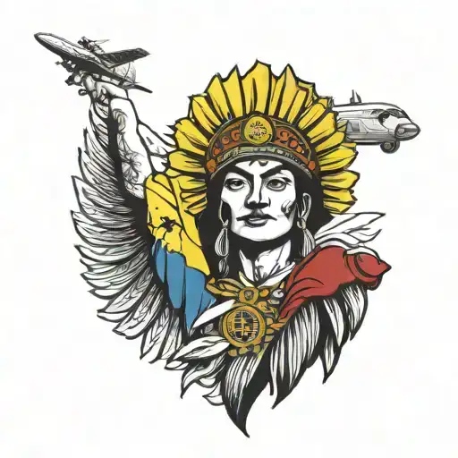 Colombia flag with Indian and a plane  tattoo design idea