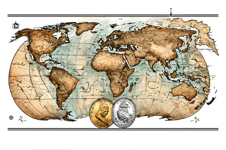 old rigging with a world map and old coins tattoo design idea