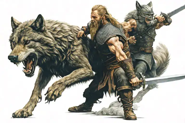 a viking sword fights a giant wolf tattoo design idea