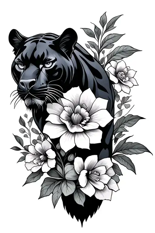Black panther with flowers intertwined in american traditional style tattoo design idea