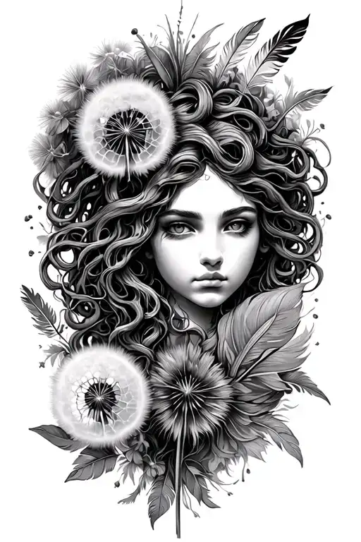 nature inspired tattoo with Medusa ornament style with dandelion and feathers and nature scene tattoo design idea