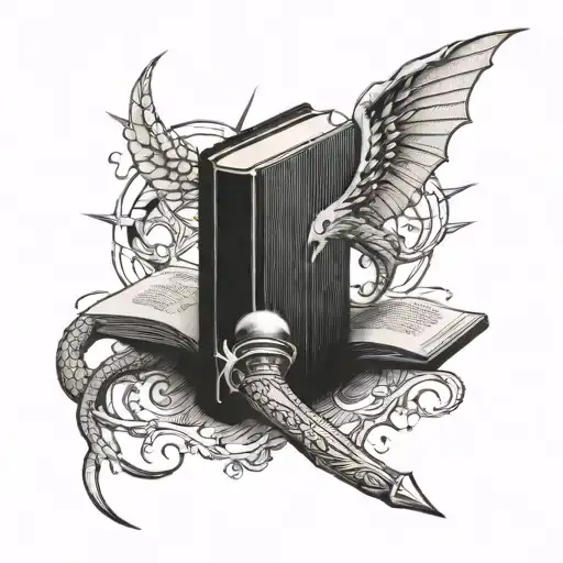 Book with a dagger, dragon and the Golden snitch  tattoo design idea