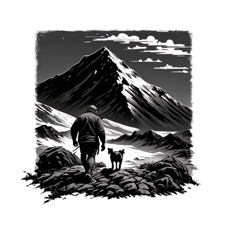 raid, mountain, dog a man walking towards tattoo design idea