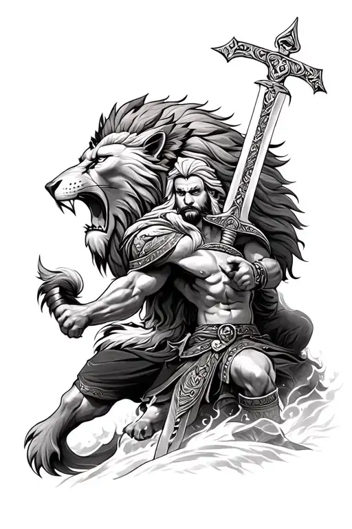 tattoo sleeve, sikh khanda above a fierce roaring lion above a strong sikh warrior with a kirpan sword tattoo design idea