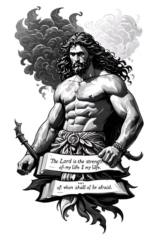 samson with a bible verse that says The Lord is the strength of my life, of whom shall I be afraid and of the clouds tattoo design idea
