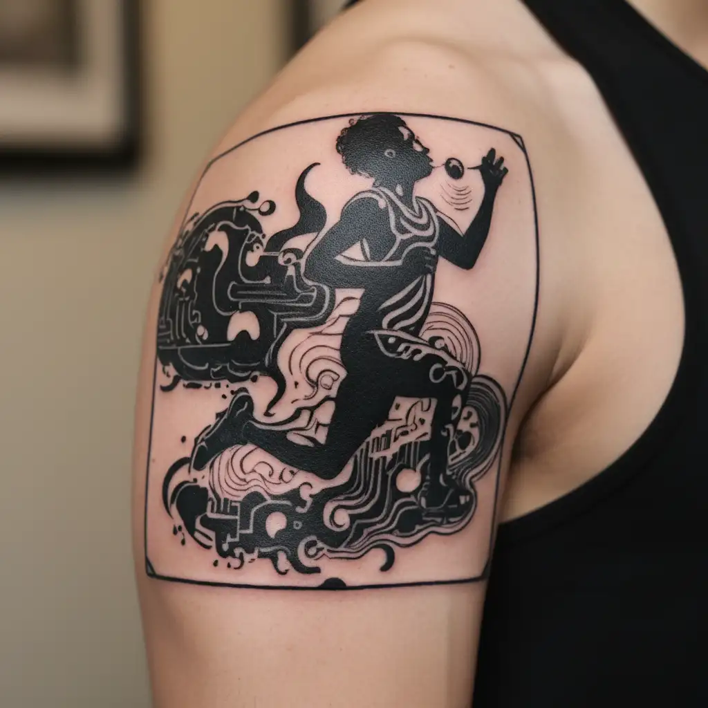 A silhouette of a runner with a speech bubble coming out of their mouth, filled with healing words tattoo design idea