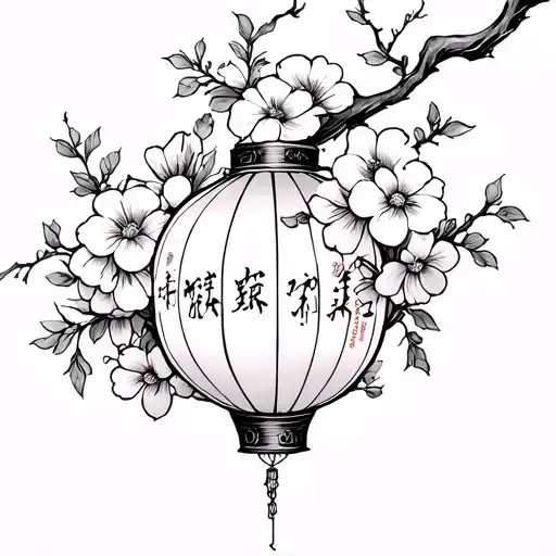  japan lantern wrapped in flowers. Black and white tattoo design idea
