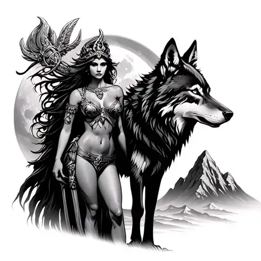 Sexy Artemis Goddess With Wolf Standing, And A Backdrop Of Mountains And A Full Moon  tattoo design idea