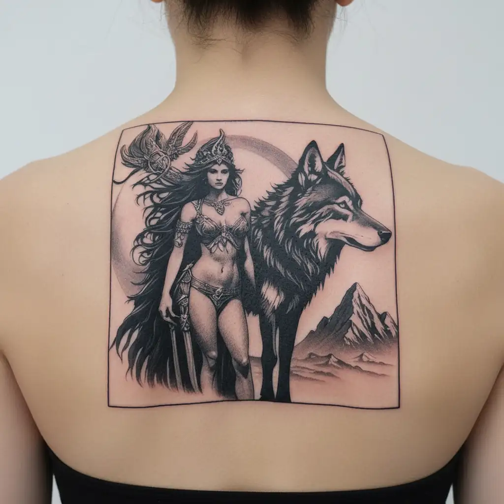 Sexy Artemis Goddess With Wolf Standing, And A Backdrop Of Mountains And A Full Moon  tattoo design idea