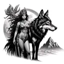 Sexy Artemis Goddess With Wolf Standing, And A Backdrop Of Mountains And A Full Moon  tattoo design idea