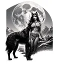 Sexy Artemis Goddess With Wolf Standing, And A Backdrop Of Mountains And A Full Moon  tattoo design idea