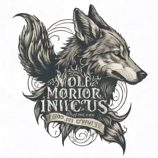wolf with "morior invictus" text tattoo design idea