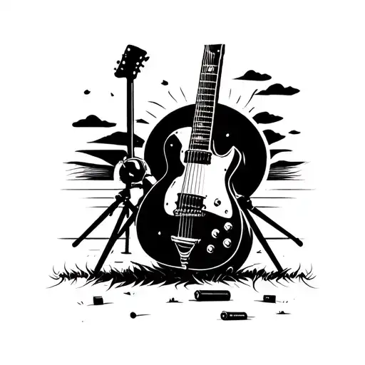 Micro foot in the foreground a guitar on its tripod on field and a battery in the background tattoo design idea