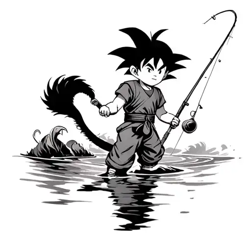 goku kid fishing with tail tattoo design idea