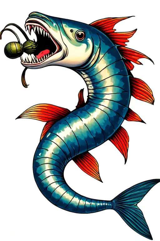 oarfish with a grenade in mouth wide open tattoo design idea