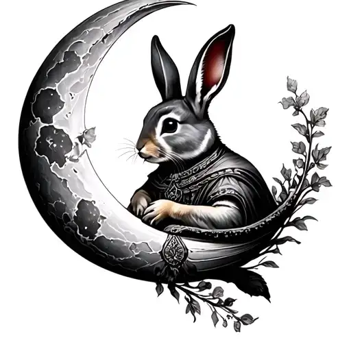 The lunar crescent, shining and slightly cracked, is cradled like a cradle by a lunar rabbit in divine attire. tattoo design idea
