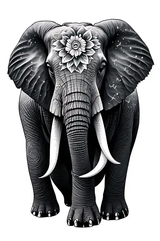 Floral geometric elephant with constellation tattoo design idea