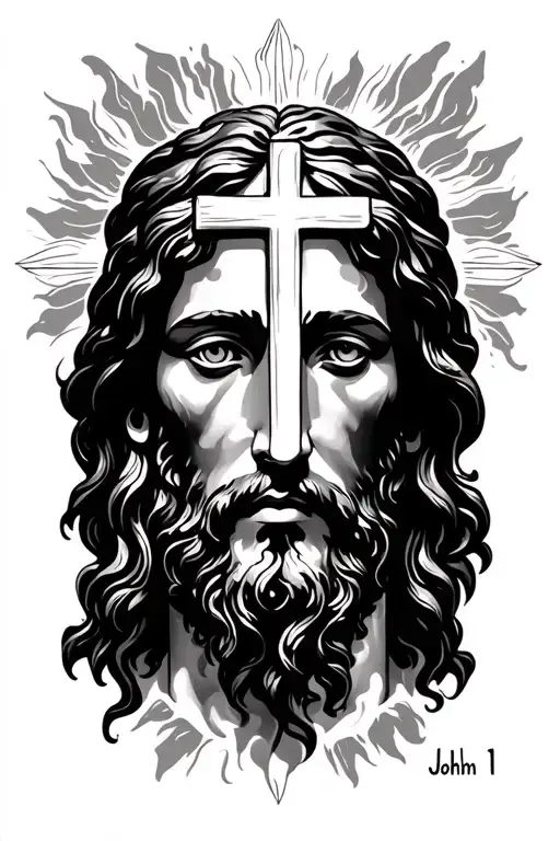 bible verese John 1:1 with the face of Jesus and cross tattoo design idea