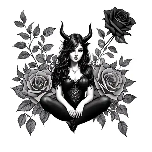 Black rose tattoo with devil girl sitting tattoo design idea