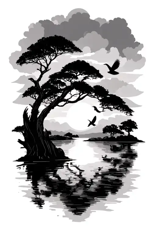 safari sunset with trees birds tattoo design idea
