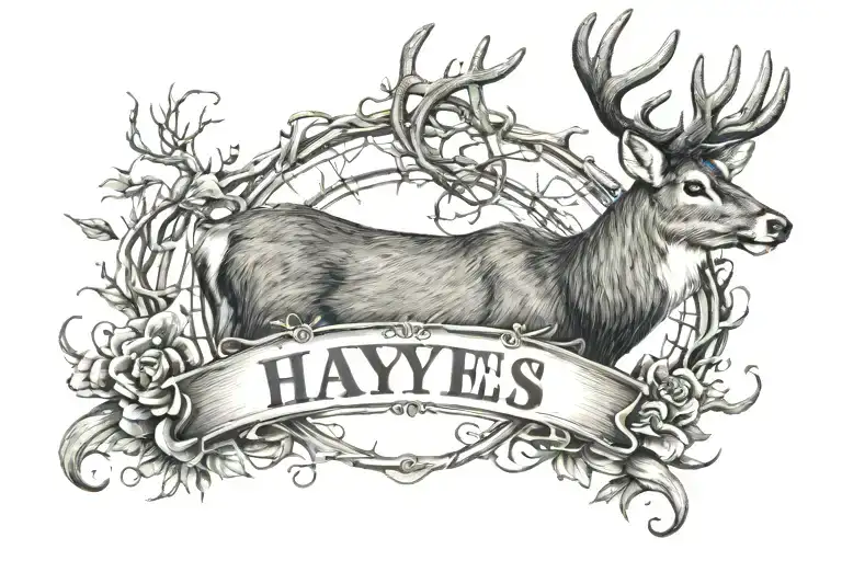 last name Hayes with deer head as y and barbwire through name tattoo design idea