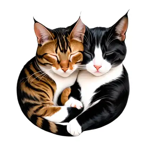 two cats sleeping together, one is a brown striped tabby, the other is a black and white tuxedo calico tattoo design idea
