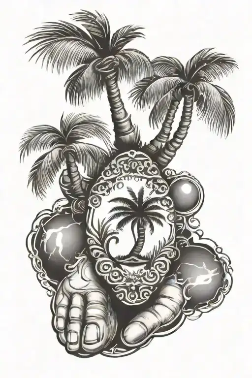 Tattoos design of a baby's palm and foot print with three Arabic names and a coconut tree in the middle tattoo design idea